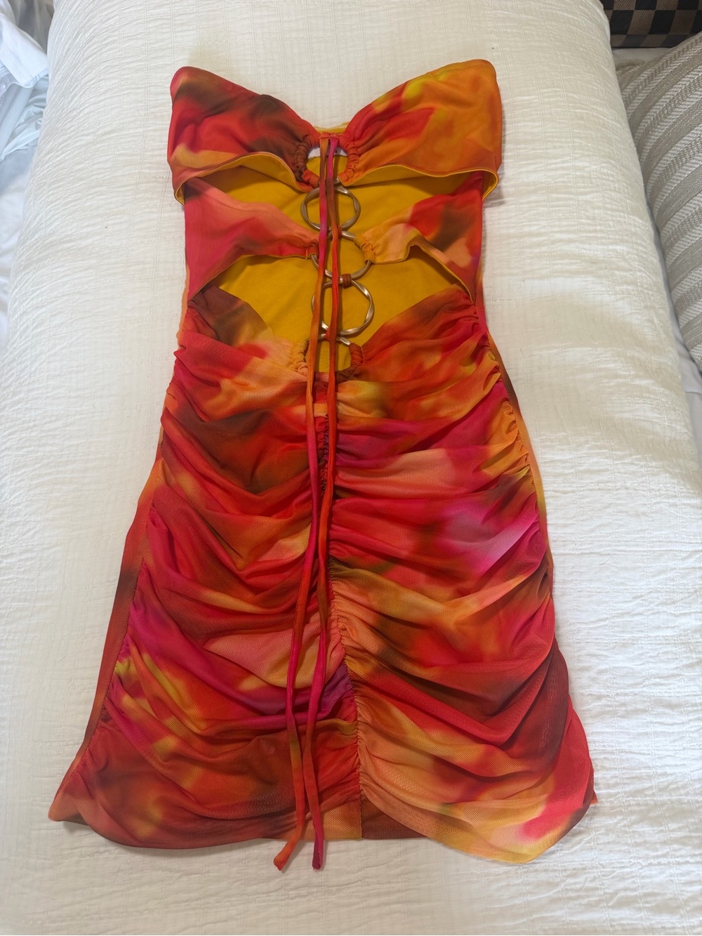 Strapless Ruched Mini Dress in Vibrant Sunset Colors